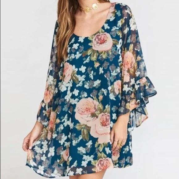 Show Me Your MuMu Boomerang Floral Boho Low Back Ruffle Sleeve Chiffon Dress - Picture 1 of 16